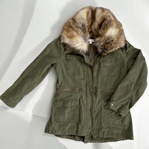 NWT Olive Military Green Jacket with Faux Fur Trimmed Collar and Zipper